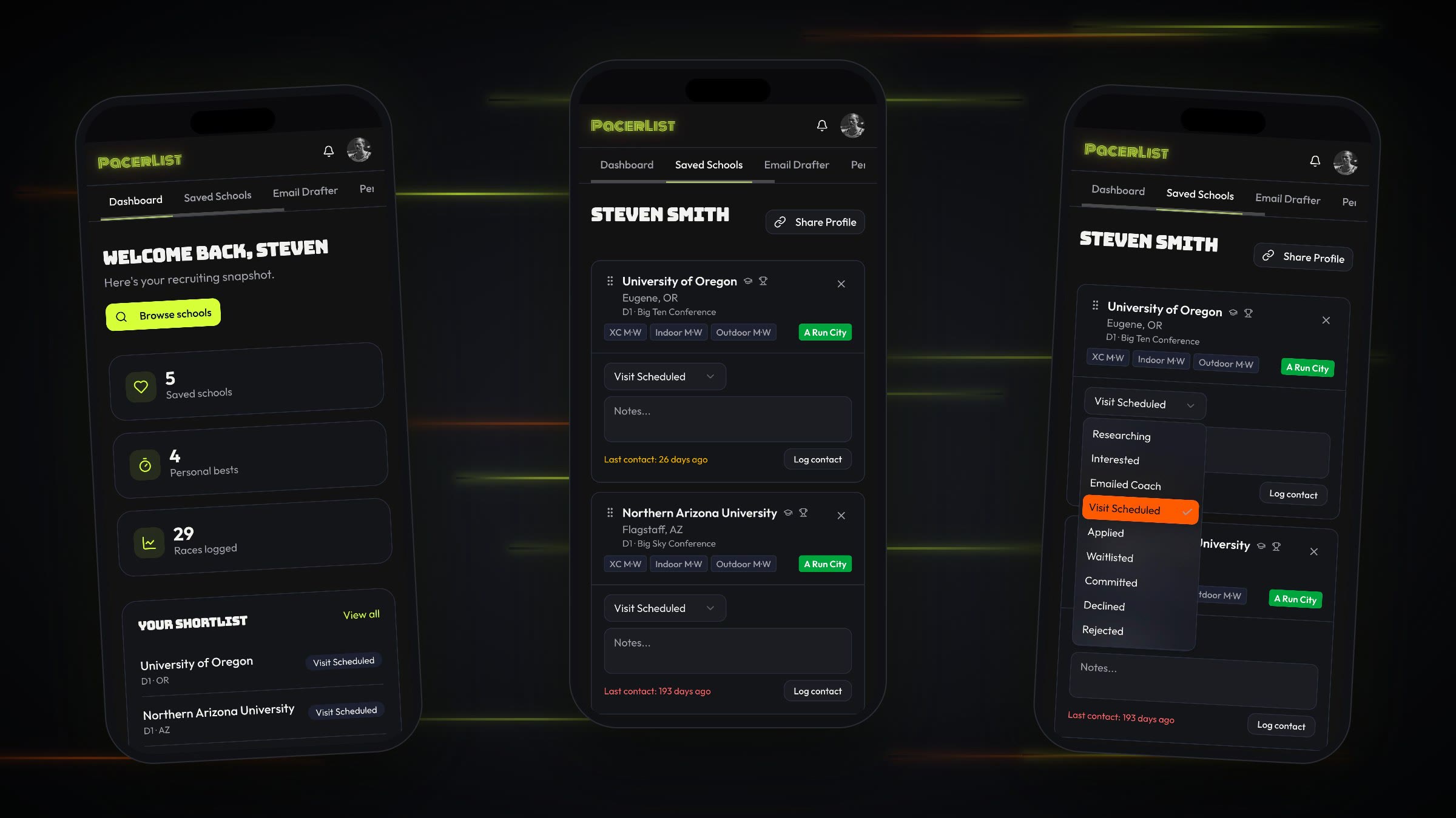 Three phone screens: the dashboard, the ranked shortlist and the status menu