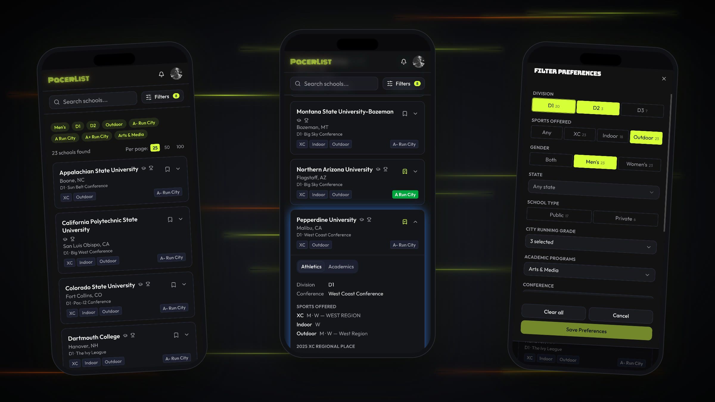 Three phone screens: the school list, an expanded school card and the filter drawer